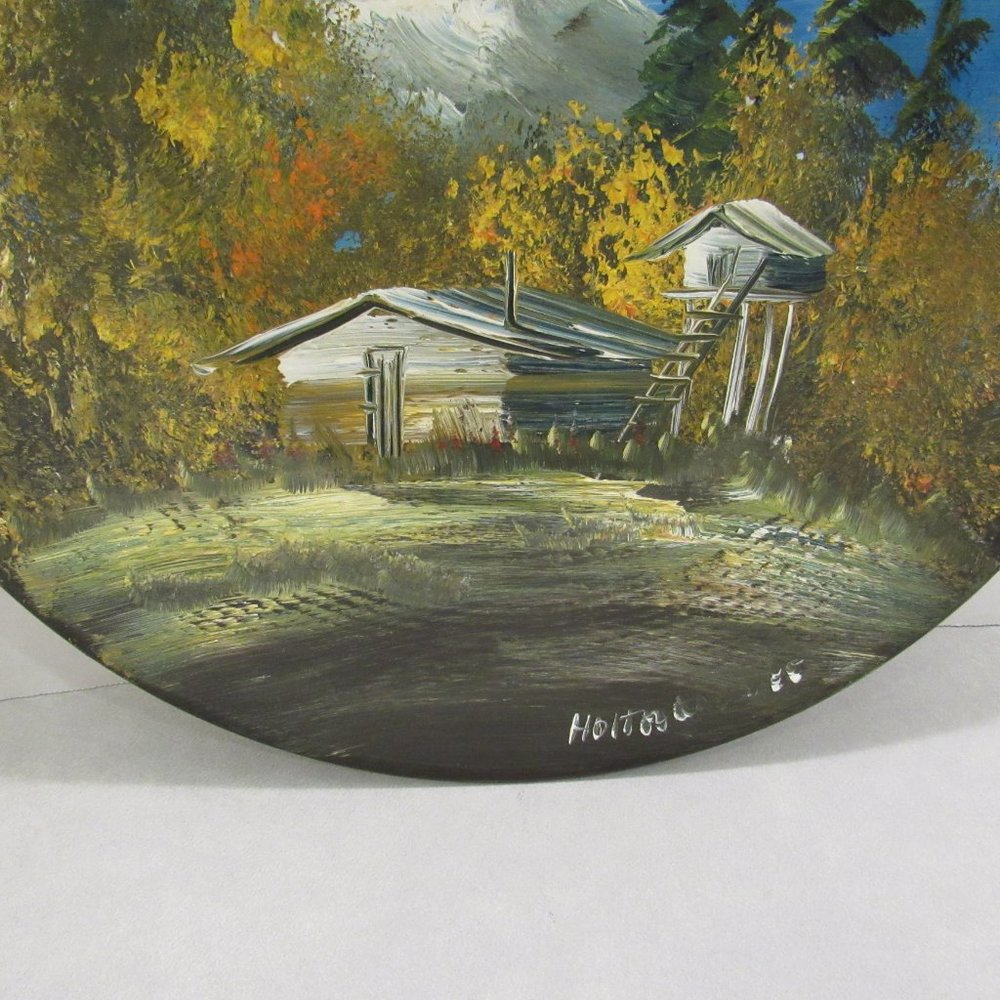 Hand Painted Metal Bowl Mountain Autumn Tree Cabin - Picture 4 of 8